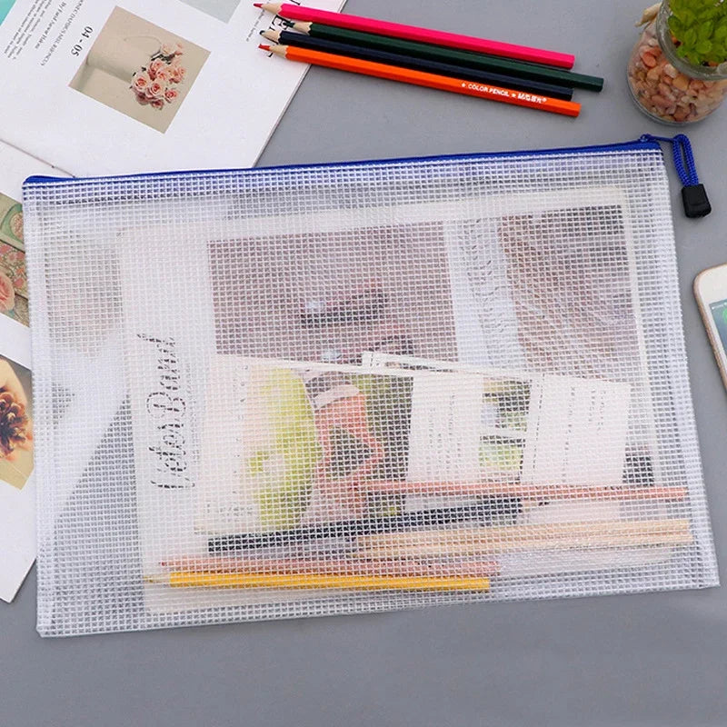 PVC Stationery Storage Bag Folder File Mesh Zipper Pouch A4 A5 A6 A3 Document Bag File Folders School Office Supplies Organizer