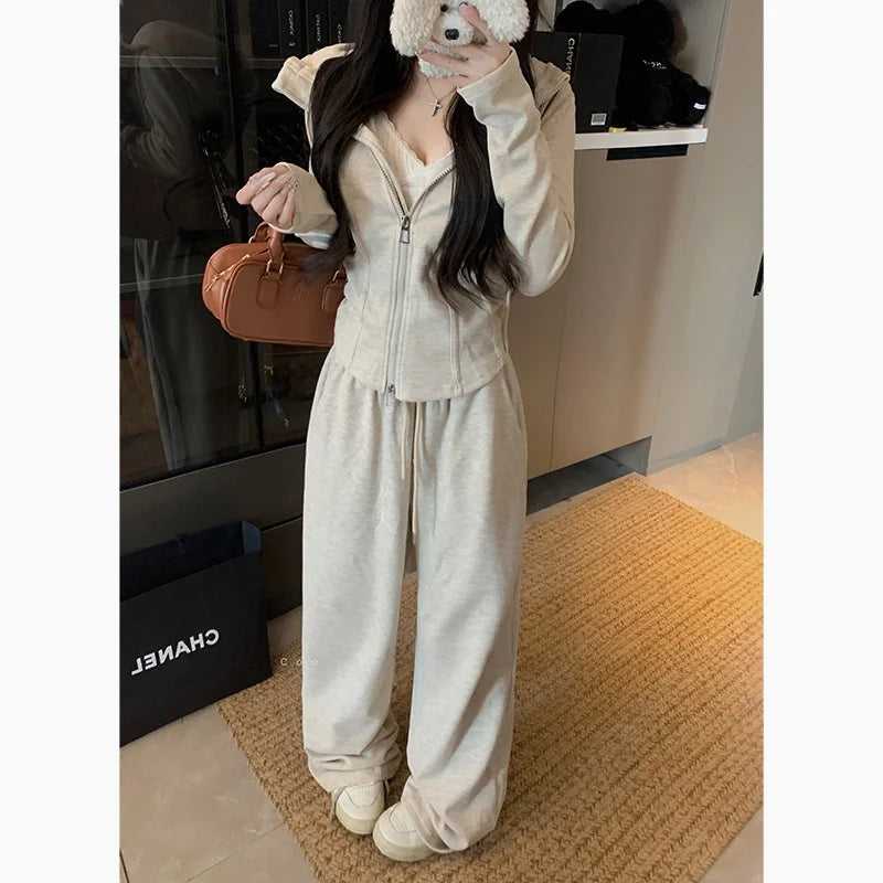 Faionable Lazy Sle Women's Outfit Long Sve Hoodie Wide Leg Casual Pants Two Piece Set Autumn Commute Windbreaker