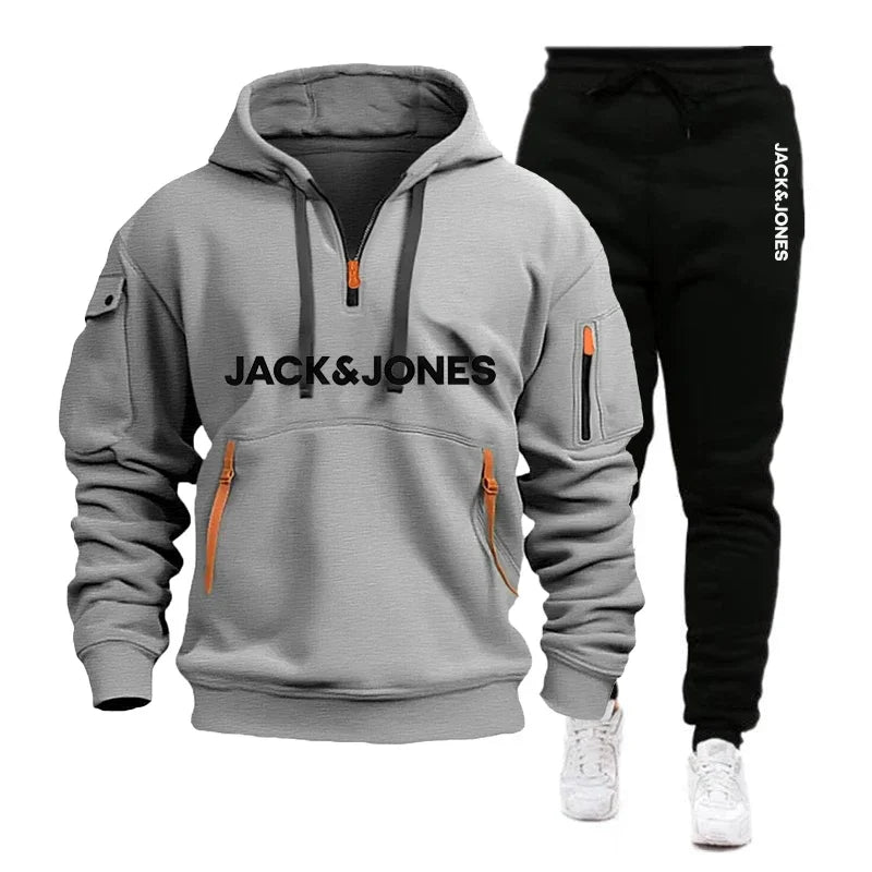 Two sets of men's sportswear for autumn/Winter 2025, including a sweatshirt and two sets of fitness jogging pants with wool caps