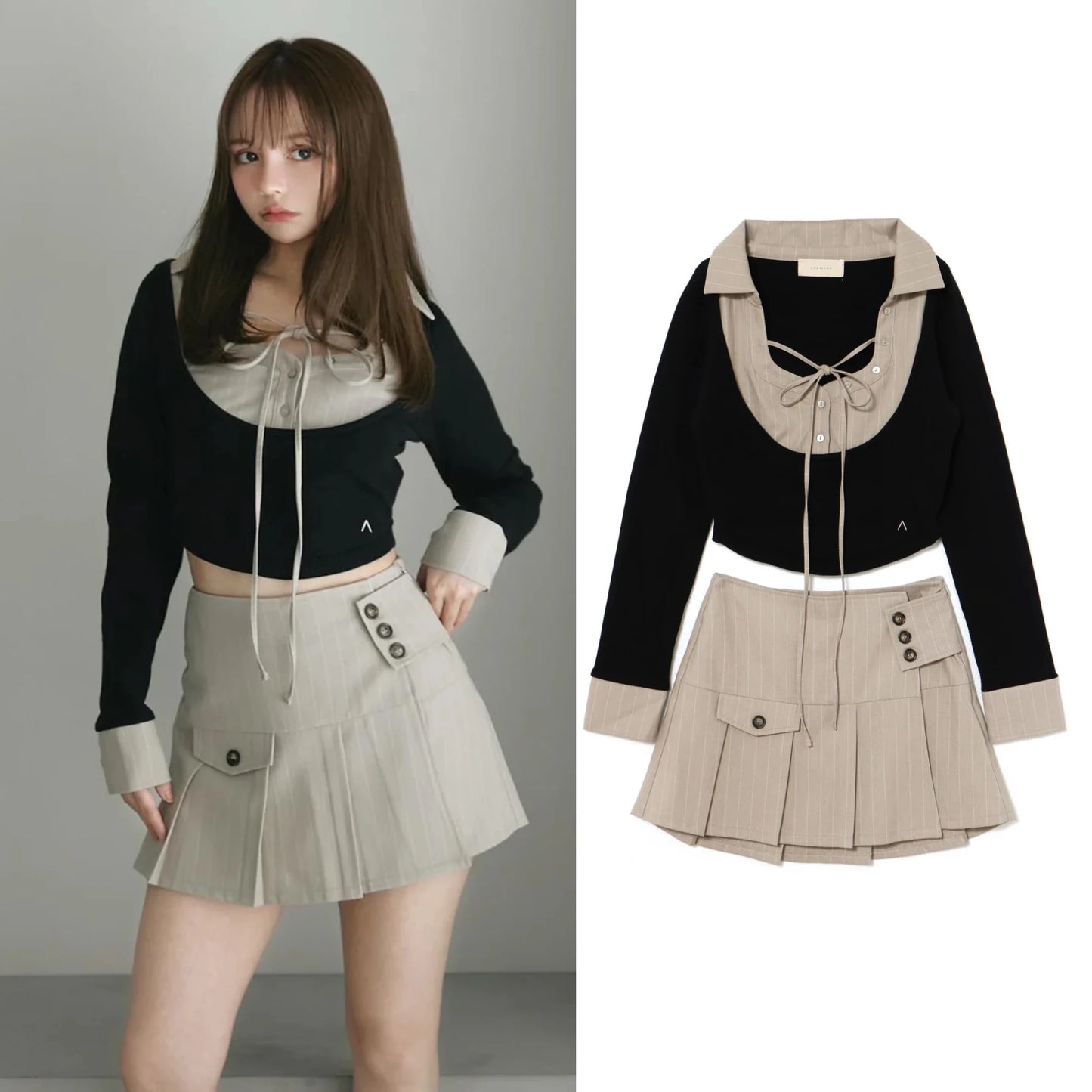 Japanese Sle Autumn Winter Striped f Skirt ort Skirt Set with Tie Long Sve Turn-down Collar Top Women's Hanfu