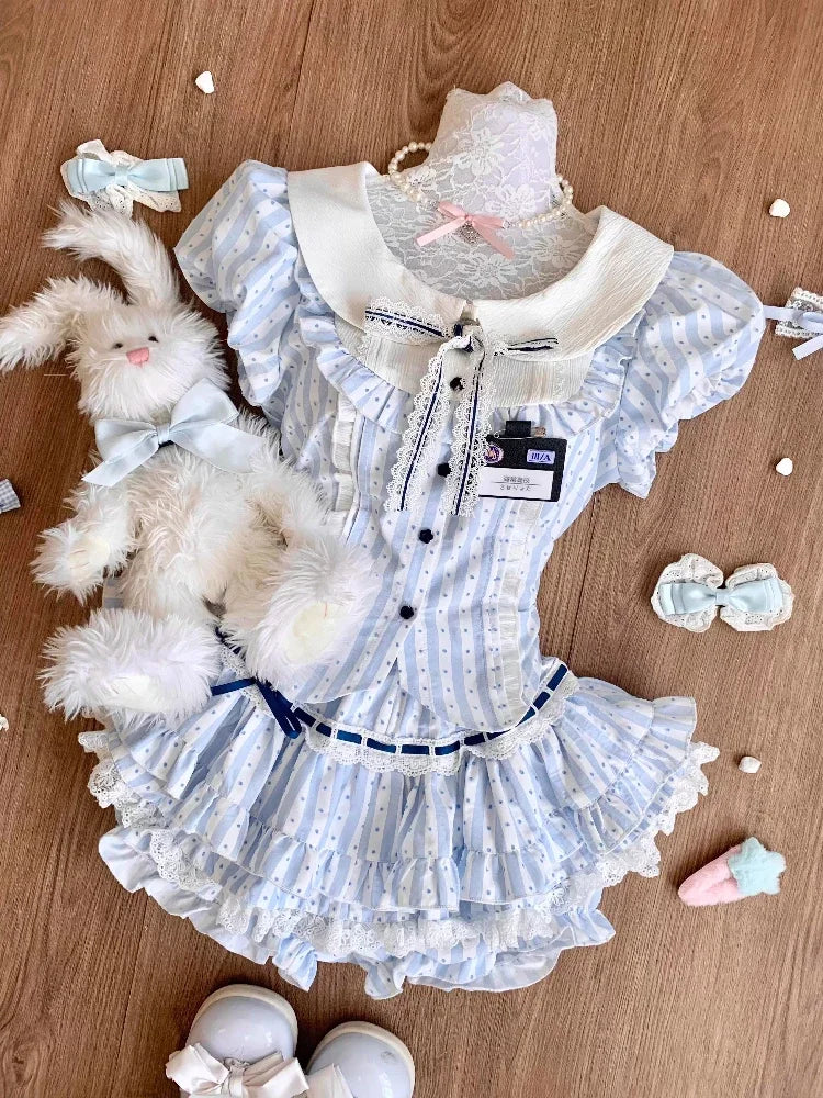 Japanese Sweet Preppy Style 2 Piece Set Women Kawaii Lace Patchwork Bow Tops + Y2k Plaid Mini Skirt Elegant Fashion Outifits New