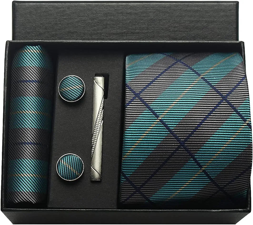 Classic 100% Silk Men's Ties In Gift box 8cm Plaid Dot Striped Business Necktie Handkerchief Cufflinks Wedding Party Tie Set
