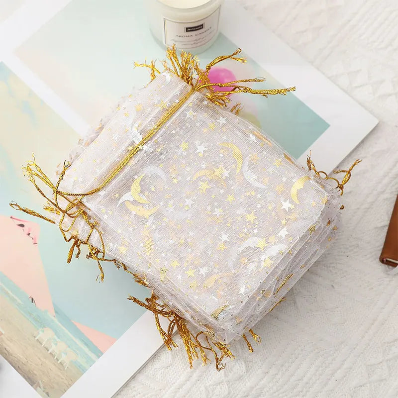 100PCS Moon Stars Drawstring Organza Bags Jewelry Gift Bags Pouches Gold Star Organza Pouches for Christmas Wedding Gift Bags