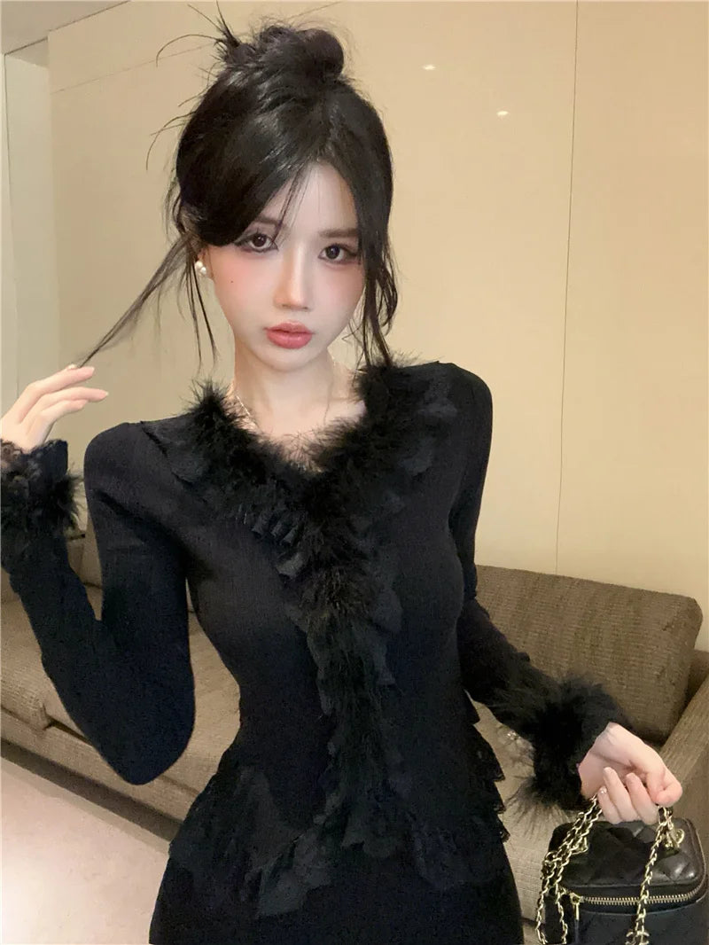 Autumn Winter Lace Splice Knitted Sve High Waist Slim Fit Bodycon Skirt Set V-Ne Soft Pure Desire Long Sve T-irt