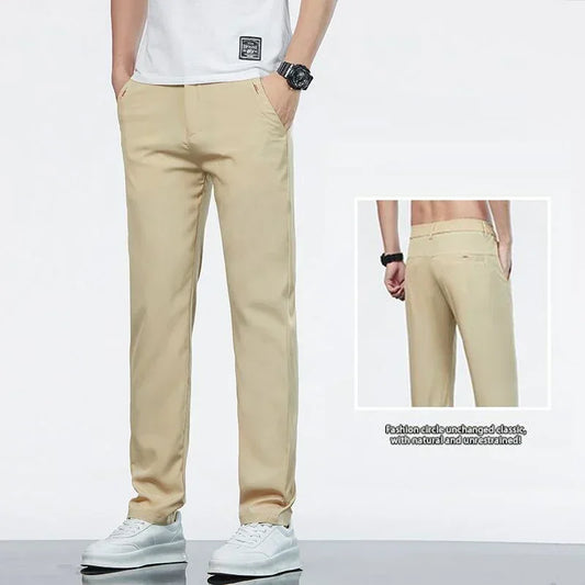 Men Ice Silk Thin Classic Casual Pants Male Slim Fit Straight Leg Daily Business Trousers Fashion Elastic Waist Black Gray Pants