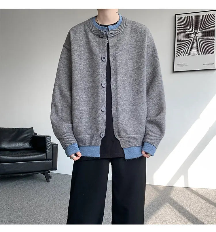 Men's Casual Contrast Color Cardigan Sweater Loose Button Front Knitted Coat for Daily Wear