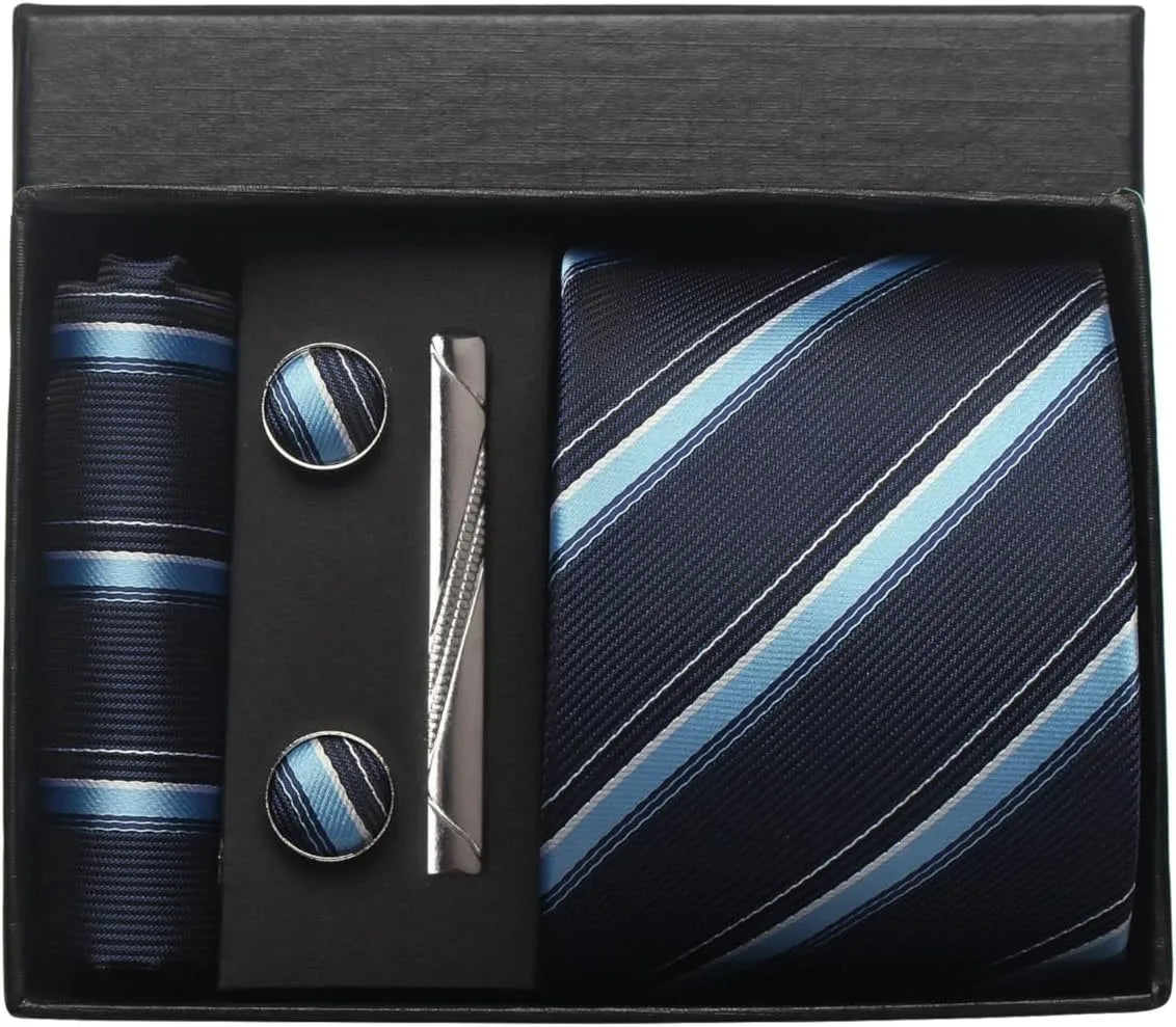 Classic 100% Silk Men's Ties In Gift box 8cm Plaid Dot Striped Business Necktie Handkerchief Cufflinks Wedding Party Tie Set