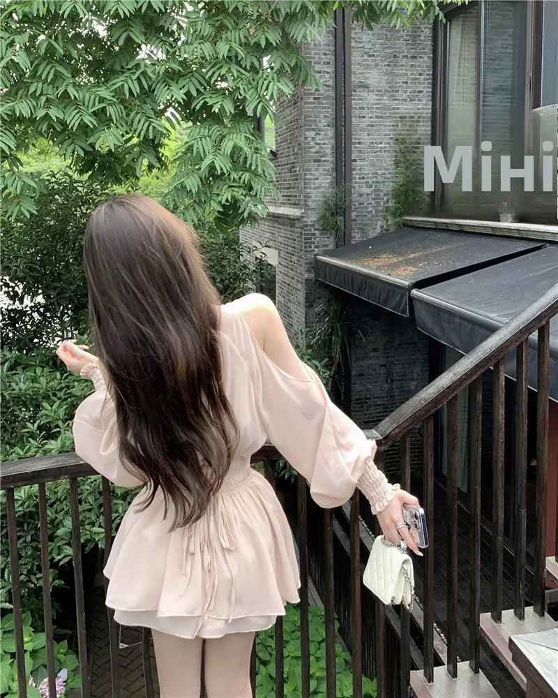 oulder Bared Bubble Sve High Waist ort Set Women's Faion 2025 Autumn Spring Chiffon Top And orts Two Piece Set