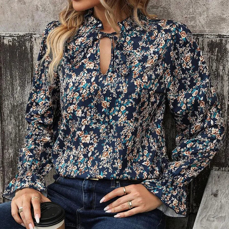 Plus Size Women's Shirt, Flower Print V-Neck with Lace-Up Decoration, Long-Sleeved Casual Vacation Top, Loose and Comfortable
