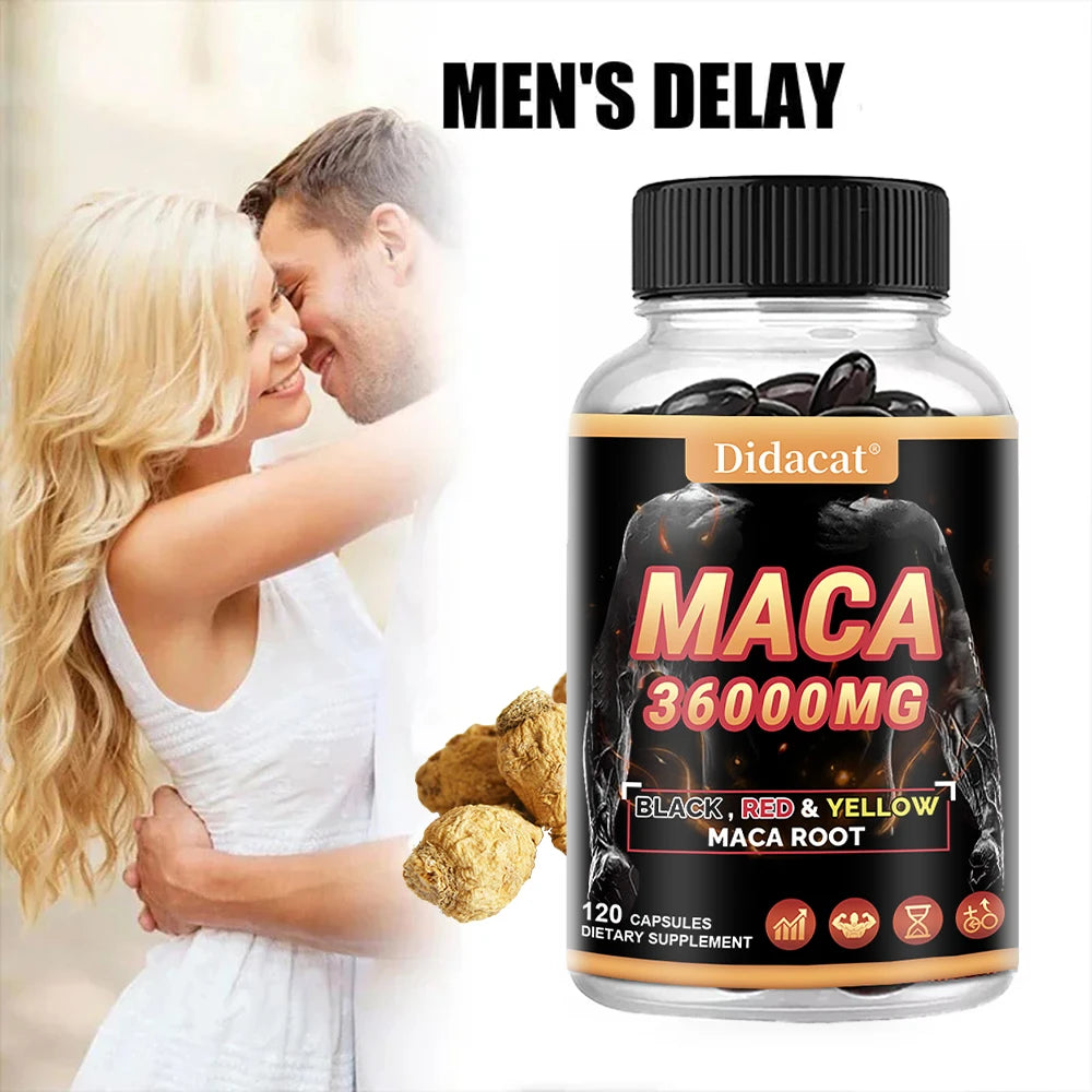 Organic Maca Root Powder Capsules with Black + Red + Yellow Maca Root Extract Supplement for Men and Women - 120 Capsules