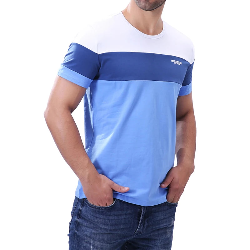 Summer Men's Patchwork Contrast Color Short Sleeve T Shirt Casual Round Neck Cotton Slim Fit T-Shirts Hip Hop Streetwears