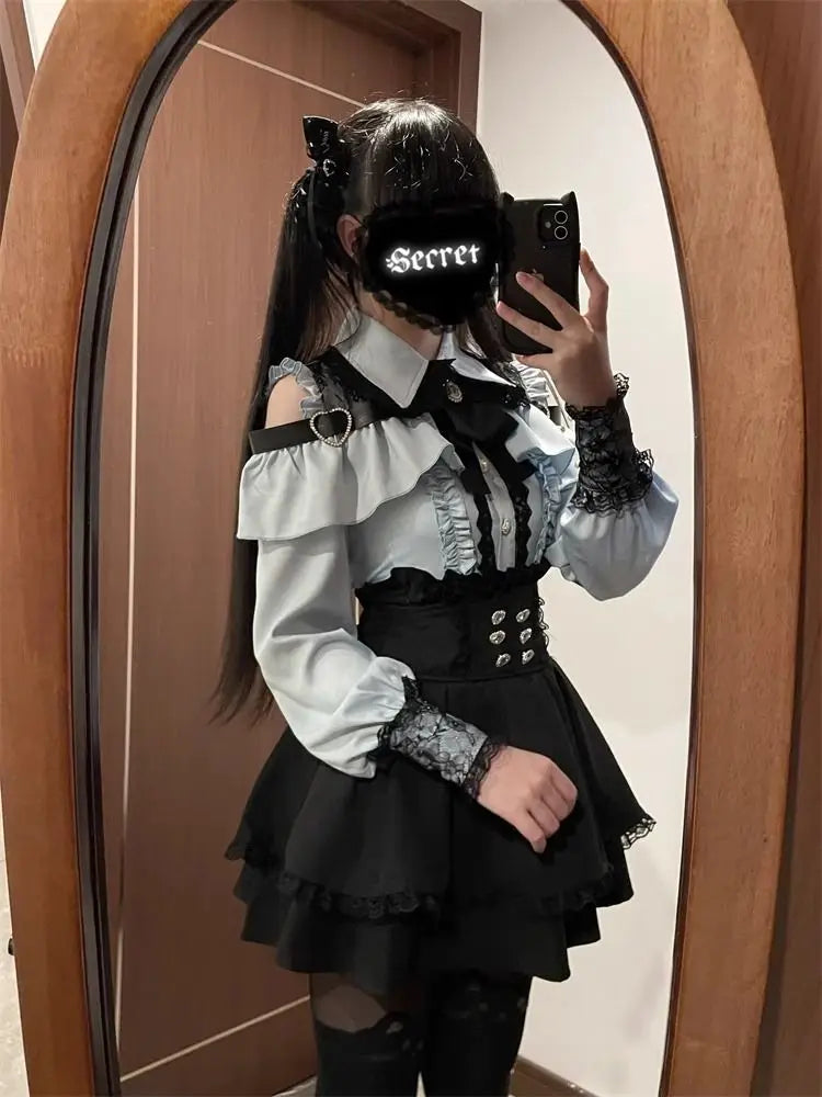 k Gothic Sle oulder Bared irt And f Skirt Set Spring Autumn Sweet Subculture Encounter Jk orm Two Piece Set f...