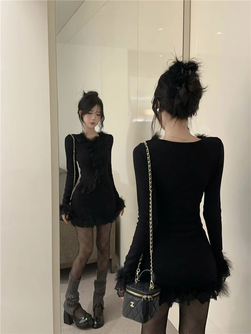 Autumn Winter Lace Splice Knitted Sve High Waist Slim Fit Bodycon Skirt Set V-Ne Soft Pure Desire Long Sve T-irt