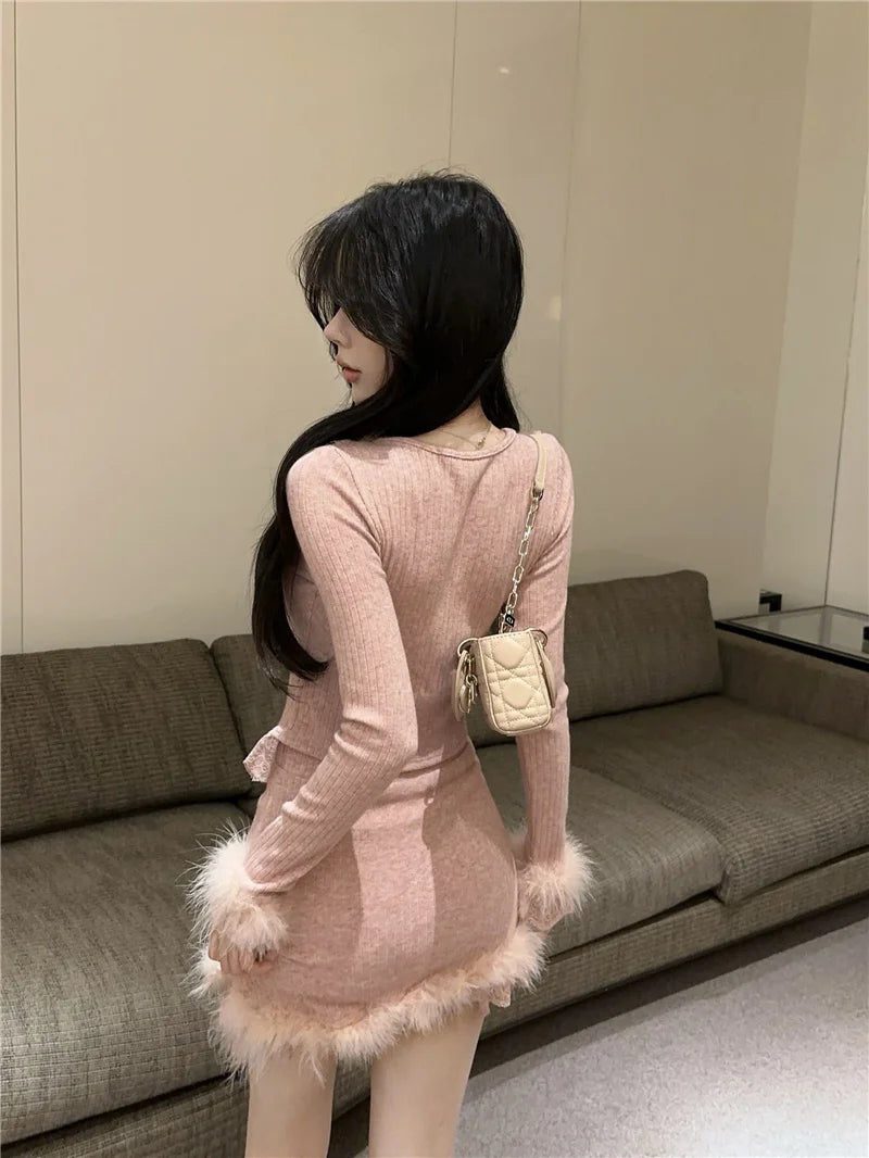 Autumn Winter Lace Splice Knitted Sve High Waist Slim Fit Bodycon Skirt Set V-Ne Soft Pure Desire Long Sve T-irt