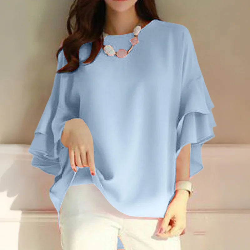 ZANZEA 2025 Fashion Summer Blouse Women Flare Sleeve Casual Tops Loose Ruffled Shirts Solid Color Elegant OL Blusas Femininas