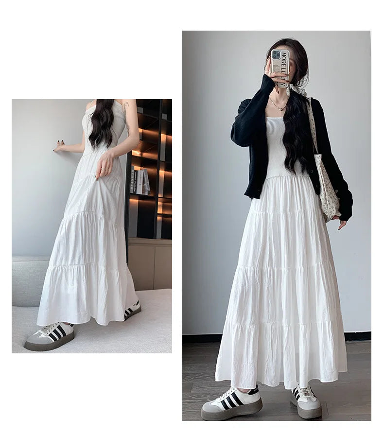 Elegant White Ruffled Long Skirts for Women High Waist A Line Maxi Skirt Woman Spring Summer Casual Loose Korean Umbrella Skirt