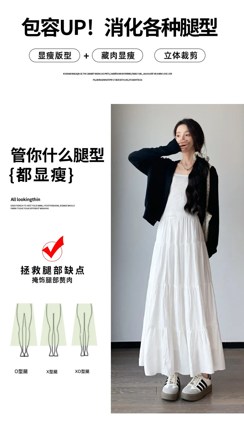 Elegant White Ruffled Long Skirts for Women High Waist A Line Maxi Skirt Woman Spring Summer Casual Loose Korean Umbrella Skirt