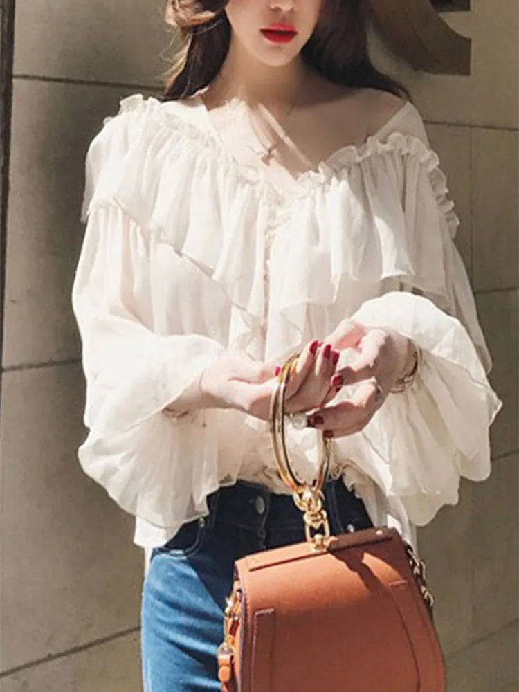 V-neck Sexy Shirts Women Summer See Through Boho Mesh Blouse Ruffle Flare Sleeve Elegant Peplum Tops Ruffles Ladies Blusas 13459
