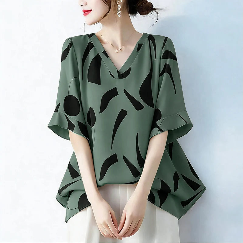 2026 ZANZEA Summer Blouse Women Casual V Neck Short Sleeve Printed Tops Female Loose Chemise Tunic Elegant Work Shirt Oversize