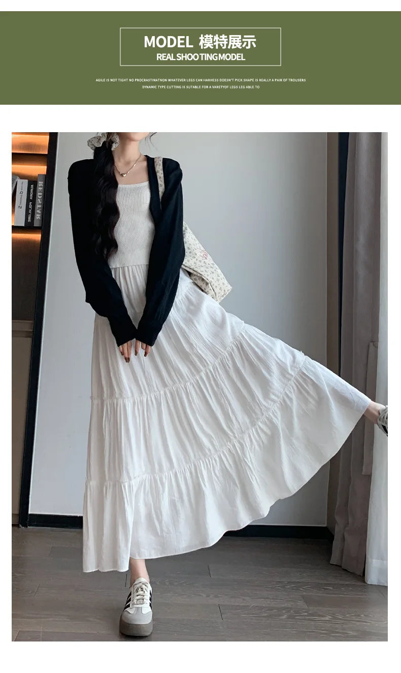 Elegant White Ruffled Long Skirts for Women High Waist A Line Maxi Skirt Woman Spring Summer Casual Loose Korean Umbrella Skirt