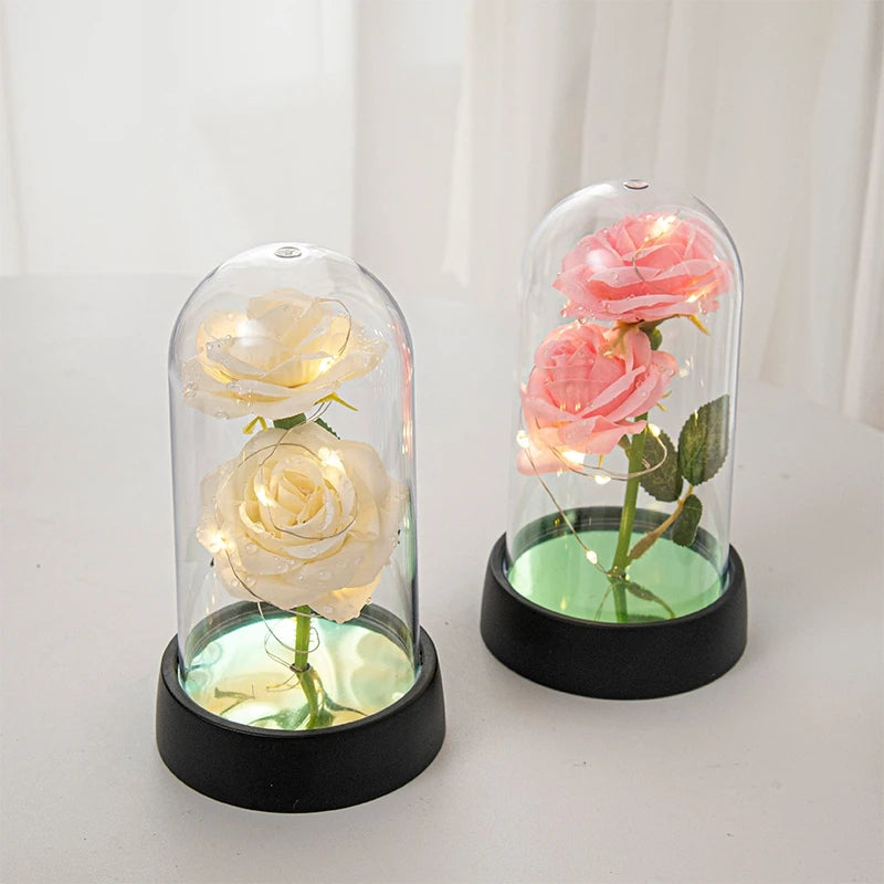 Artificial Rose Flowers Eternal Rose LED Light Foil Flower in Glass Cover Simulation Rose Flower Christmas Valentine's Day Gifts