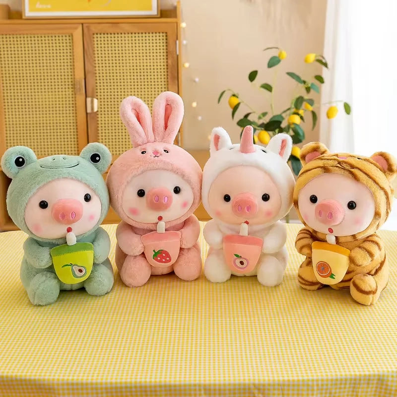25cm Kawaii Bubble Pig Plush Toy Stuffed Animal Bunny Frog Tiger Soft Pillow Cup Milk Tea Boba Plushies Doll For Kids Girls Gift