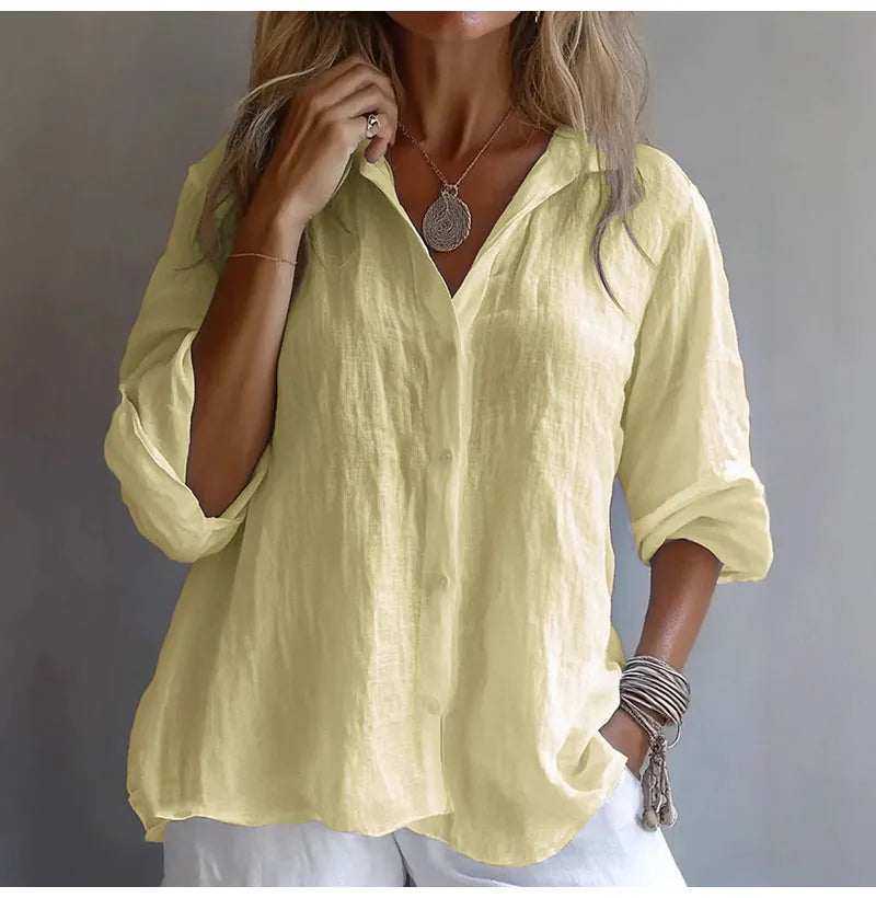 Casual Linen Long Sleeve Blouse Women 2025 Summer Fashion Turn-down Collar Loose Shirts White Blouses Femme Tops Elegant