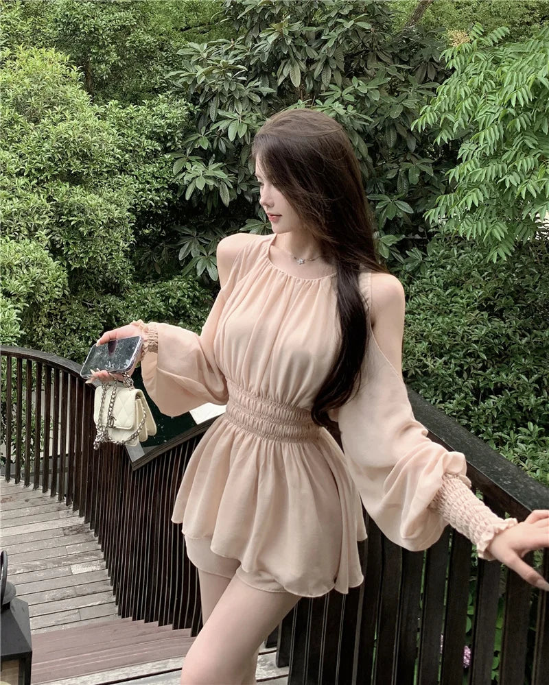 oulder Bared Bubble Sve High Waist ort Set Women's Faion 2025 Autumn Spring Chiffon Top And orts Two Piece Set