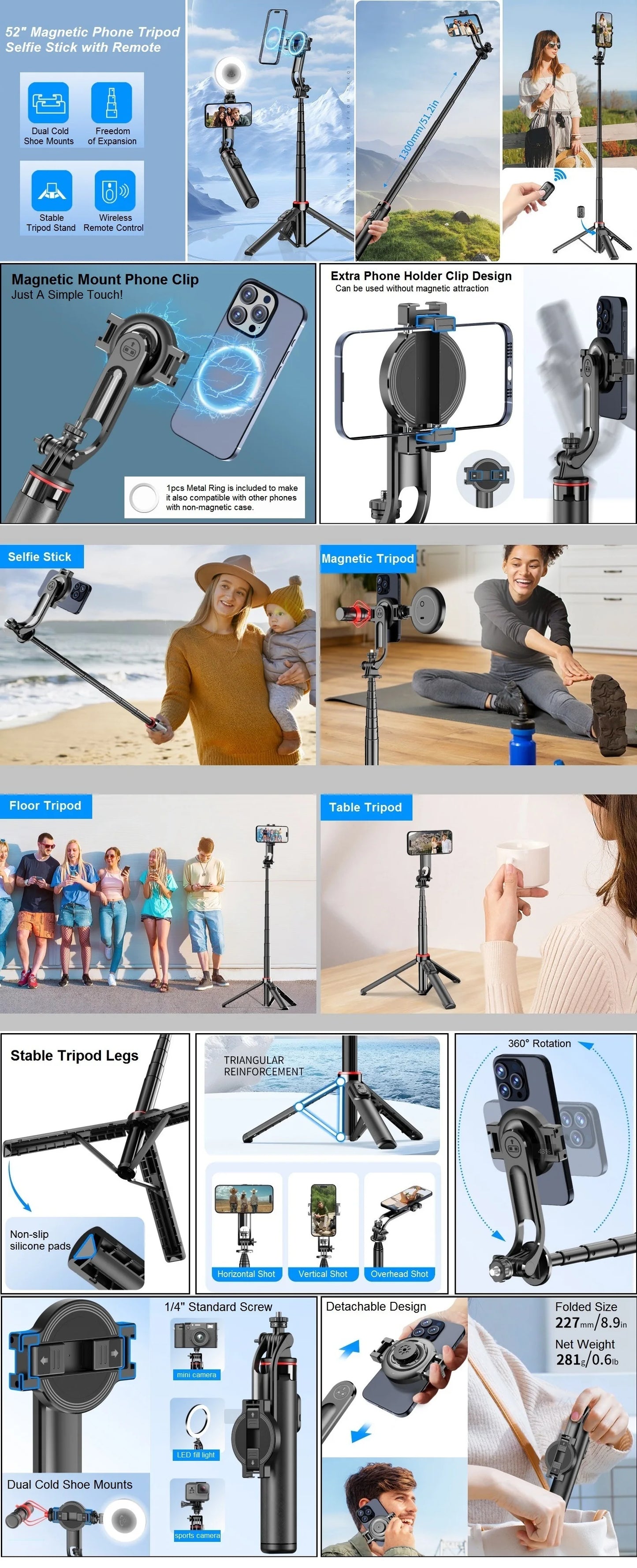 51" Magnetic Selfie Stick Tripod for iPhone Phone Camera Magsafe Tripod Selfie Stick with Bluetooth Remote for Travel Vlog Video