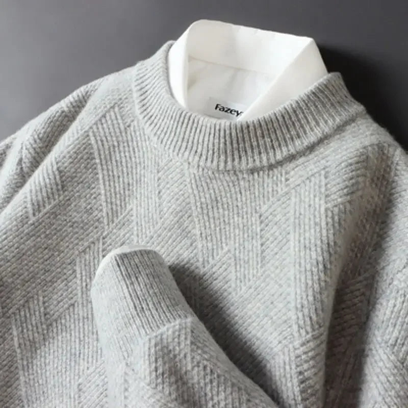 Men's Cashmere Sweater Loose and Thick Jacquard Crewneck Sweater Autumn and Winter New Solid Color Men's Knit Bottom Sweater