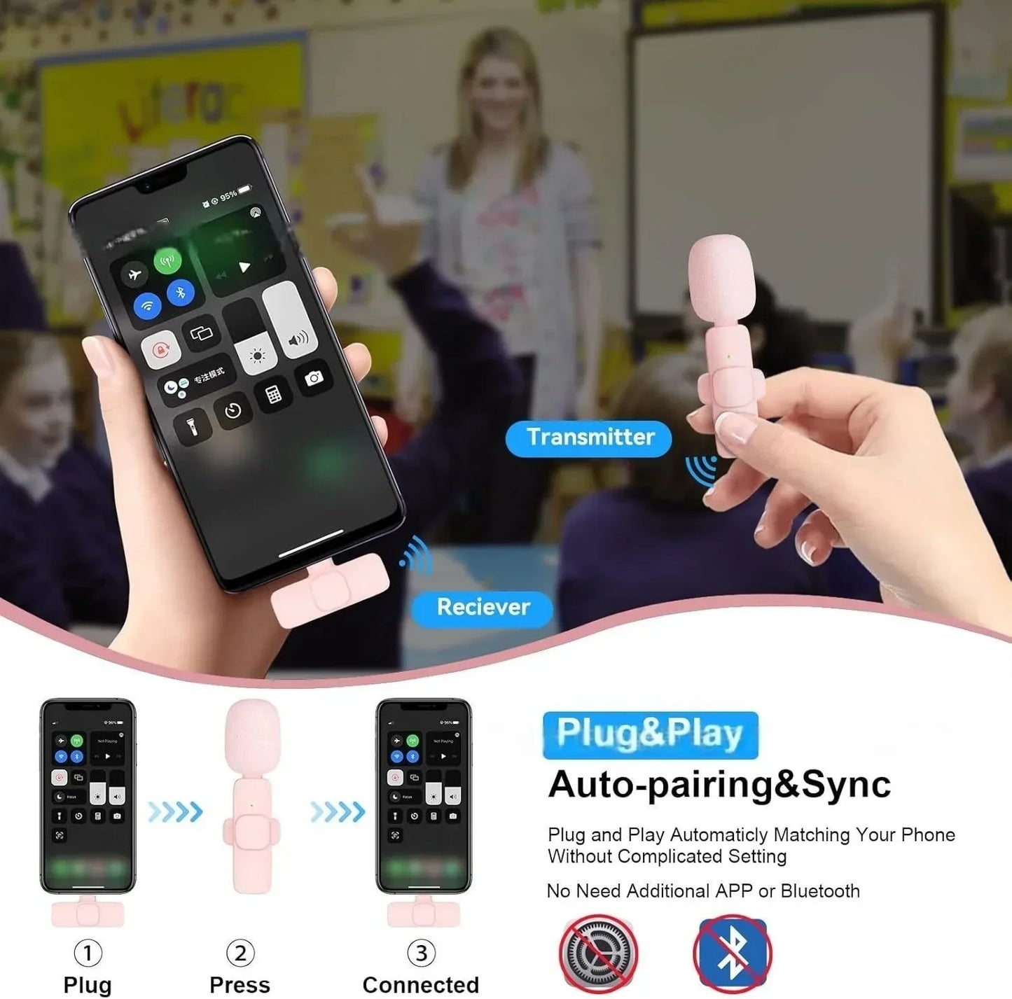 Lenovo Pink Wireless Lavalier Microphone Phone Portable Audio Video Recording Vlog Microphone for iPhone Android PC Live Gaming
