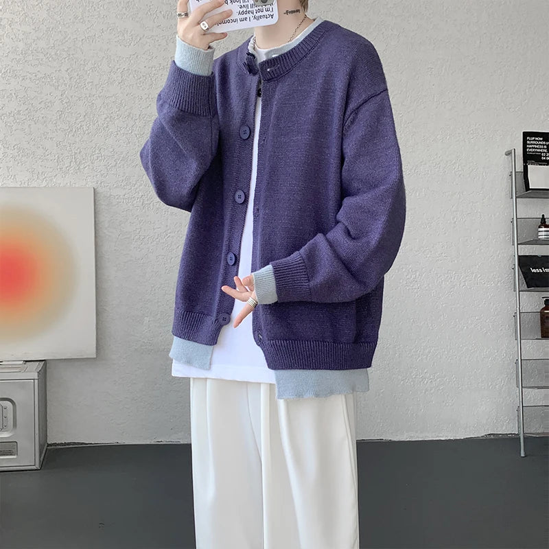 Men's Casual Contrast Color Cardigan Sweater Loose Button Front Knitted Coat for Daily Wear