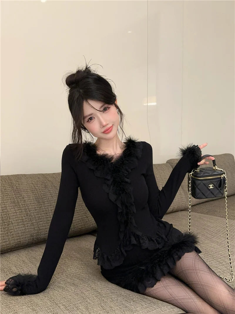 Autumn Winter Lace Splice Knitted Sve High Waist Slim Fit Bodycon Skirt Set V-Ne Soft Pure Desire Long Sve T-irt