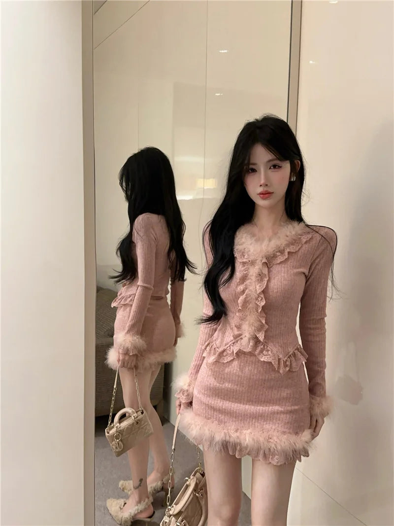 Autumn Winter Lace Splice Knitted Sve High Waist Slim Fit Bodycon Skirt Set V-Ne Soft Pure Desire Long Sve T-irt
