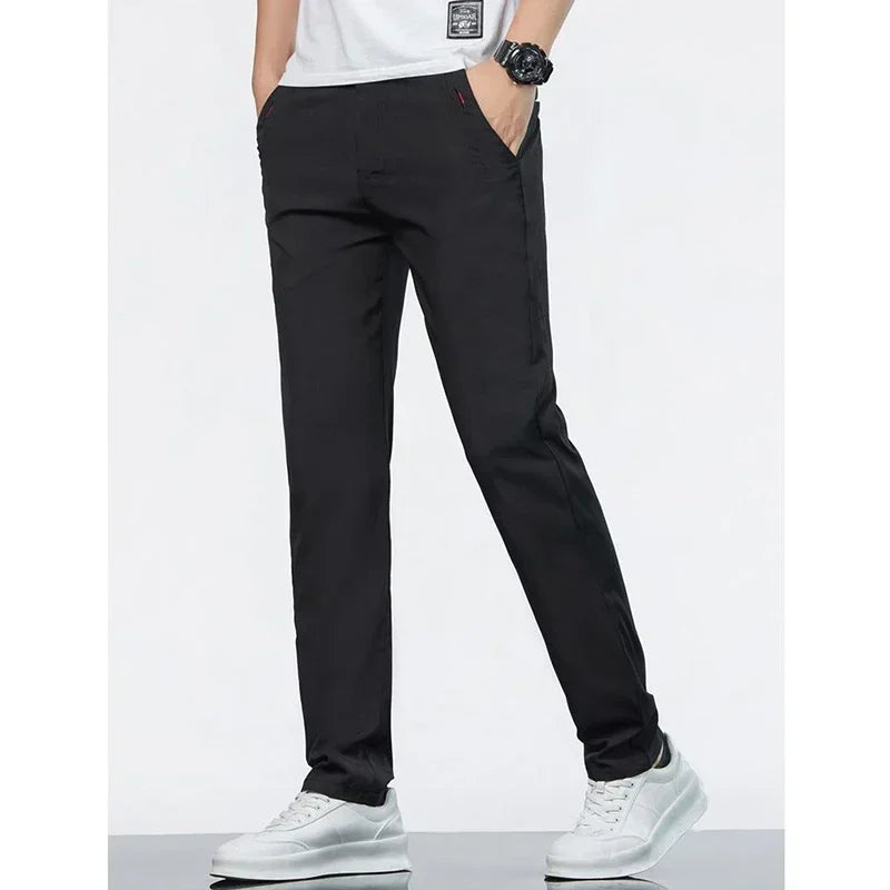 Men Ice Silk Thin Classic Casual Pants Male Slim Fit Straight Leg Daily Business Trousers Fashion Elastic Waist Black Gray Pants