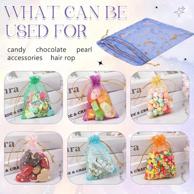 100PCS Moon Stars Drawstring Organza Bags Jewelry Gift Bags Pouches Gold Star Organza Pouches for Christmas Wedding Gift Bags