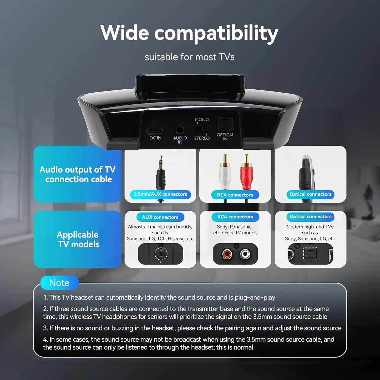 Retekess TA008 TV Hearing Aid Headphone Wireless TV Headset System 2.4GHz Wireless Headphone for Seniors 3 Tones Dual Batteries
