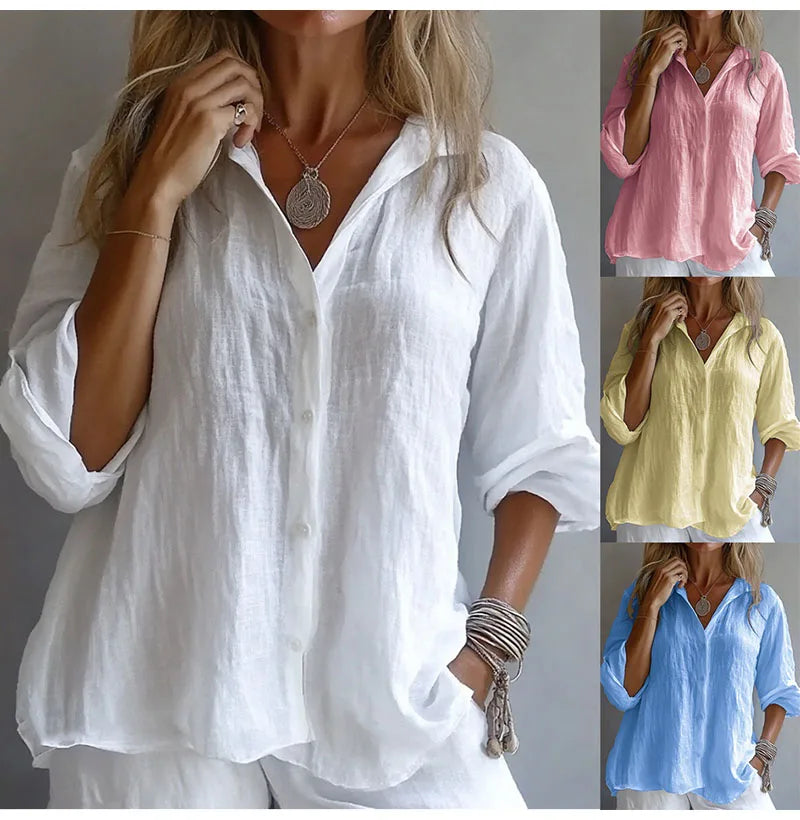 Casual Linen Long Sleeve Blouse Women 2025 Summer Fashion Turn-down Collar Loose Shirts White Blouses Femme Tops Elegant