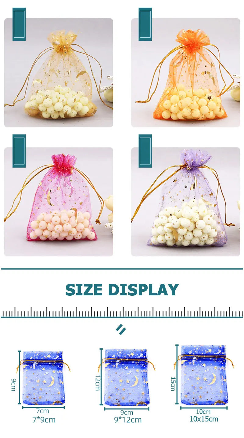 100PCS Moon Stars Drawstring Organza Bags Jewelry Gift Bags Pouches Gold Star Organza Pouches for Christmas Wedding Gift Bags
