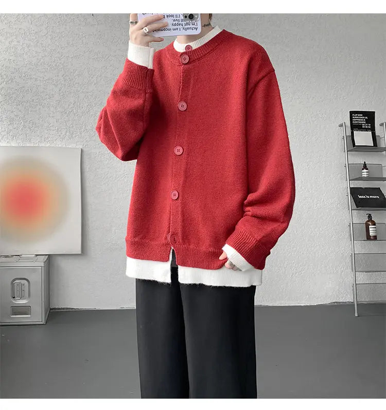 Men's Casual Contrast Color Cardigan Sweater Loose Button Front Knitted Coat for Daily Wear