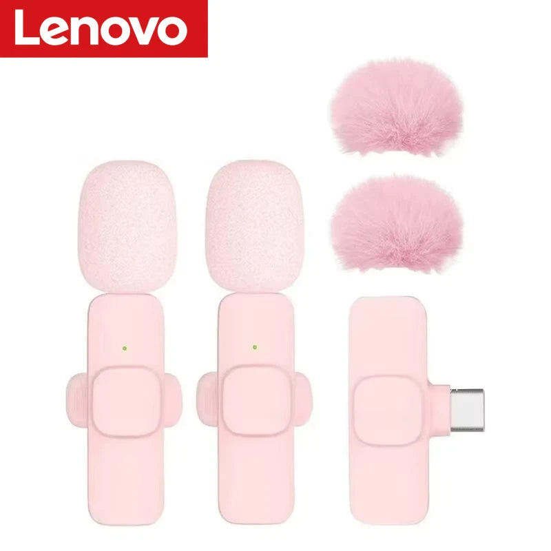 Lenovo Pink Wireless Lavalier Microphone Phone Portable Audio Video Recording Vlog Microphone for iPhone Android PC Live Gaming