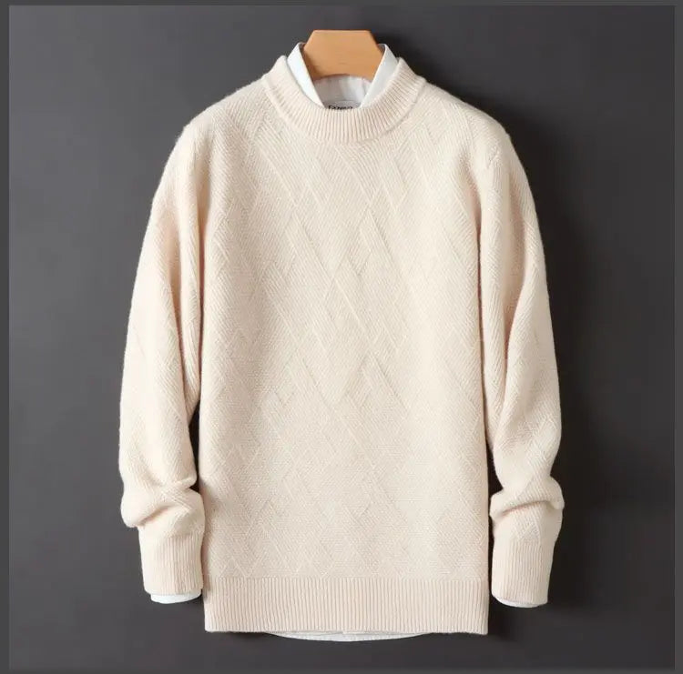 Men's Cashmere Sweater Loose and Thick Jacquard Crewneck Sweater Autumn and Winter New Solid Color Men's Knit Bottom Sweater
