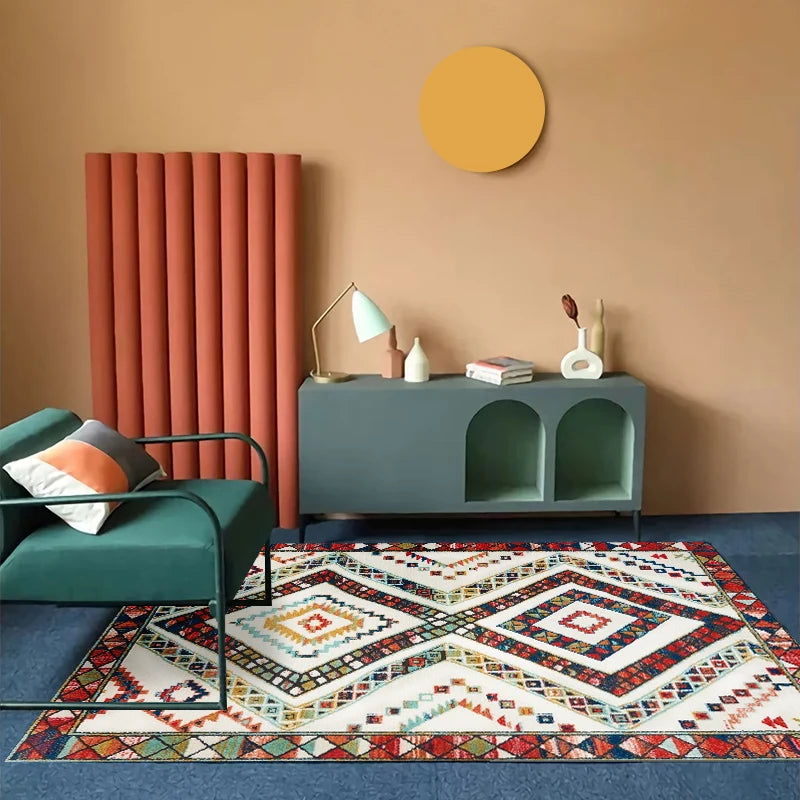 VIKAMA Bohemian Machine Washable Living Room Carpet Soft Non-Slip Ethnic Style Bedroom Cloakroom Carpet Foldable Home Decor