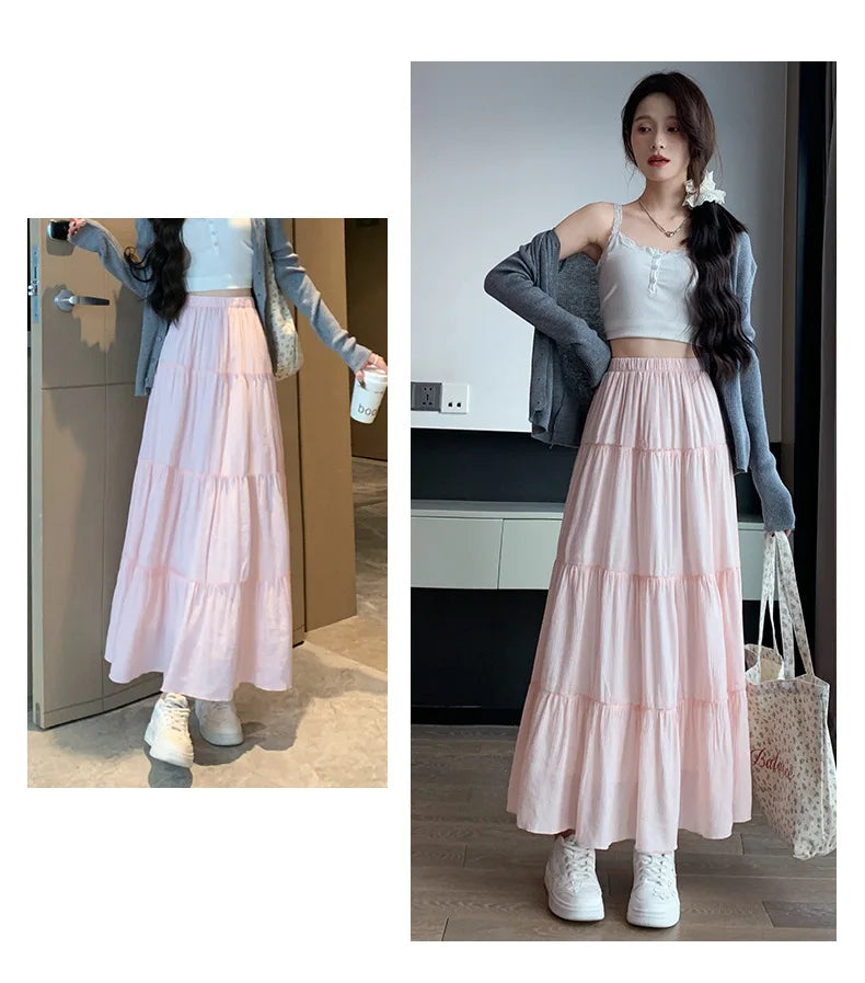 Elegant White Ruffled Long Skirts for Women High Waist A Line Maxi Skirt Woman Spring Summer Casual Loose Korean Umbrella Skirt
