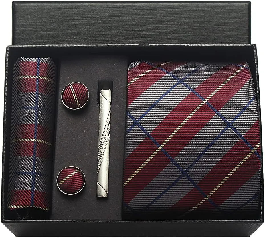Classic 100% Silk Men's Ties In Gift box 8cm Plaid Dot Striped Business Necktie Handkerchief Cufflinks Wedding Party Tie Set
