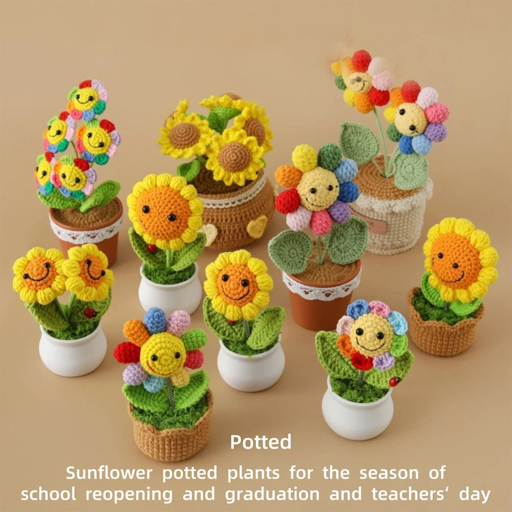 New Crochet SunFlowers Cute Knitting Flowers Potted Graduation Gift Handwoven Plant Car Table Home Decor Items