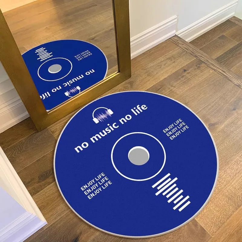 Vinyl Record Pattern Round Carpet Letter Print Home Decor Floor Mat Modern Music Theme Non-Slip Rug for Living Room Music Room