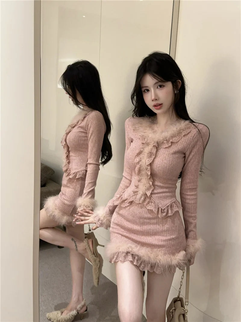 Autumn Winter Lace Splice Knitted Sve High Waist Slim Fit Bodycon Skirt Set V-Ne Soft Pure Desire Long Sve T-irt