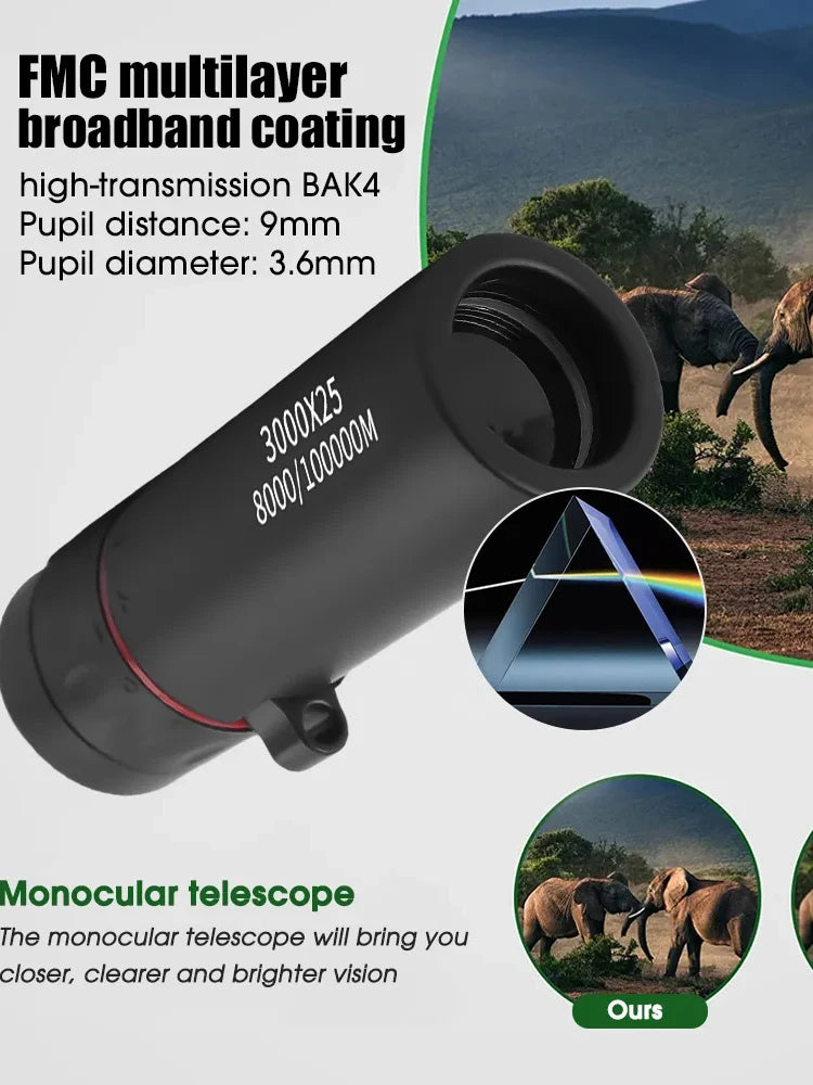 3000x25 monocular zoom HD remote professional monocular, mini portable telescope, suitable for outdoor camping and hunting