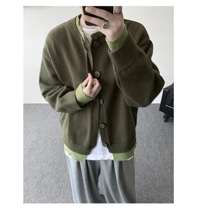 Men's Casual Contrast Color Cardigan Sweater Loose Button Front Knitted Coat for Daily Wear